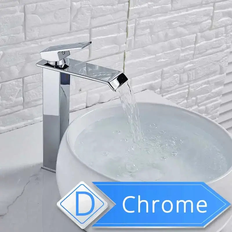 Modern brushed nickel basin faucet with single lever and chrome finish featuring a rectangular spout and tall base