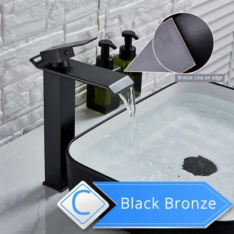Modern brushed nickel single lever basin faucet with black bronze finish and subtle bronze line accent for bathroom use