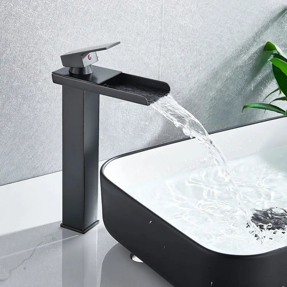 Black matte-finish waterfall basin faucet with sleek modern design contrasting brushed nickel single lever style