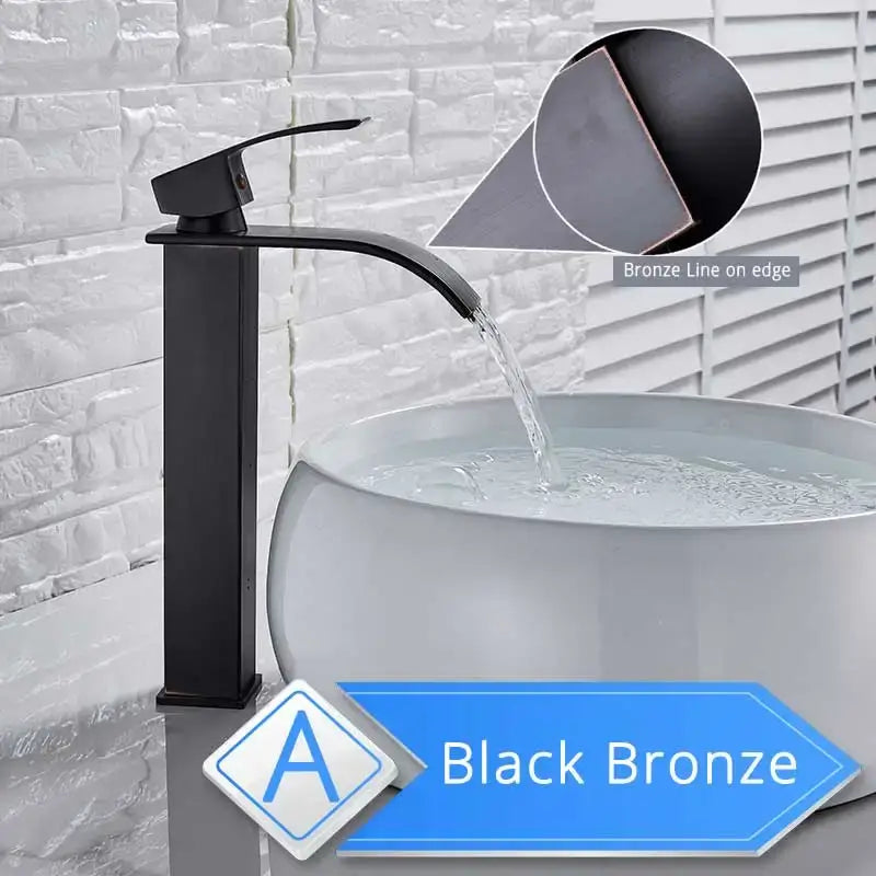 Black bronze single lever basin faucet with waterfall design and bronze line accent for modern bathroom use