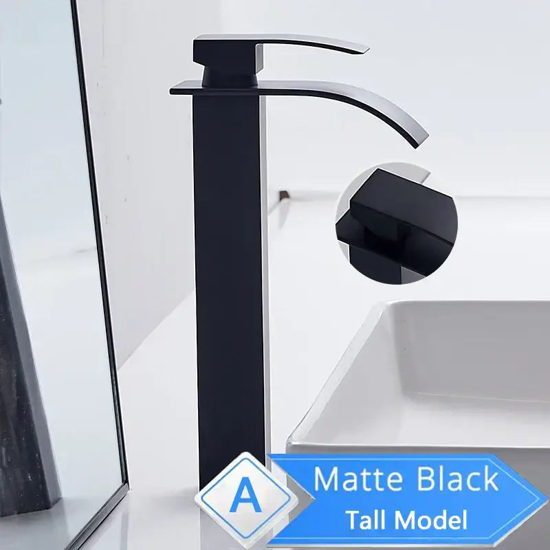 Matte black tall basin faucet with sleek modern design and single lever in brushed nickel finish for bathroom use