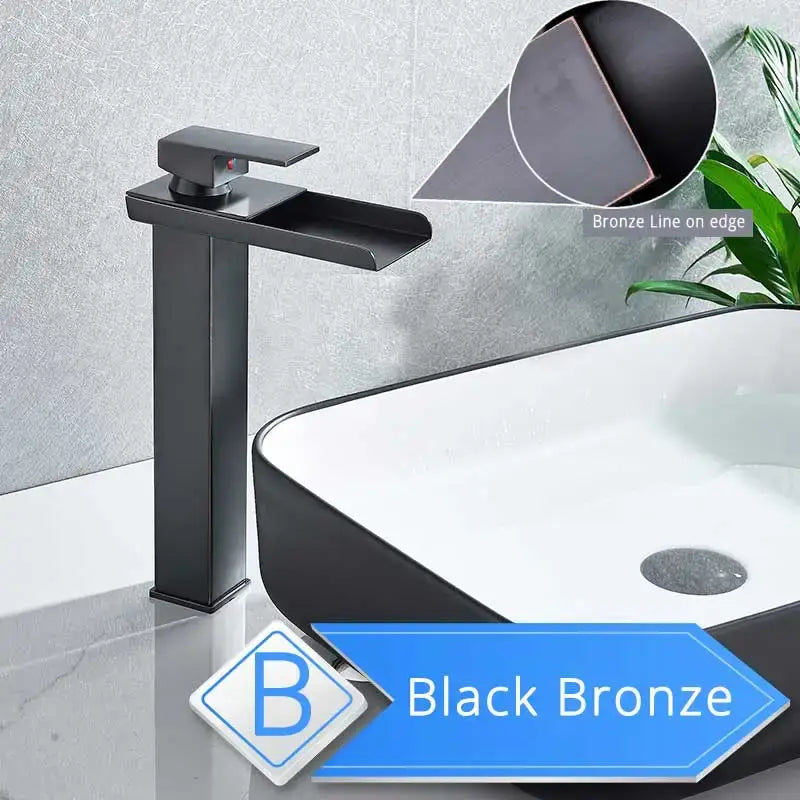 Black bronze waterfall basin faucet with single lever and bronze line accent for modern brushed nickel bathroom use