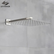 Modern brushed nickel stainless steel square rainfall shower head with sleek design and evenly spaced nozzles for rainfall shower