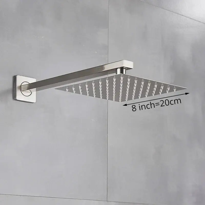 Modern brushed nickel square rainfall shower head with 8-inch brushed stainless steel design for bathroom use