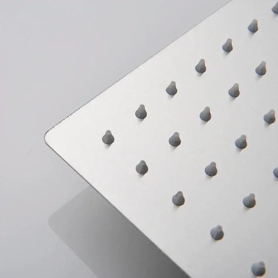 Modern brushed nickel square rainfall shower head with brushed stainless steel finish and gray plastic nozzles