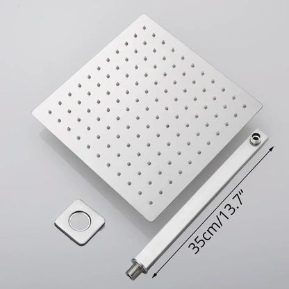 Modern brushed nickel square rainfall shower head with chrome finish and grid of small perforations with mounting hardware