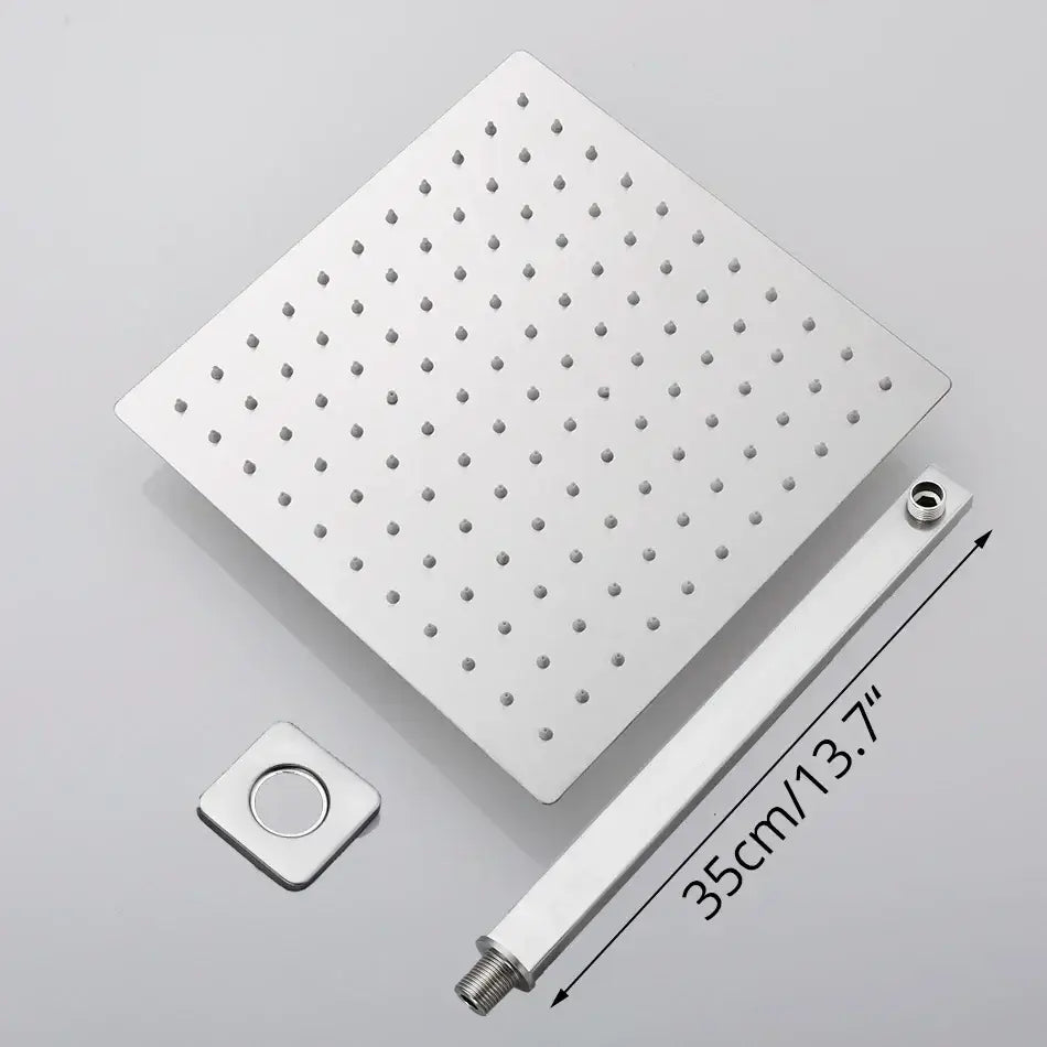 Modern brushed nickel square rainfall shower head with chrome finish and grid of small perforations with mounting hardware