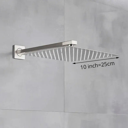 Modern brushed nickel square rainfall shower head with sleek 10-inch chrome finish and diagonal water jets for rainfall shower