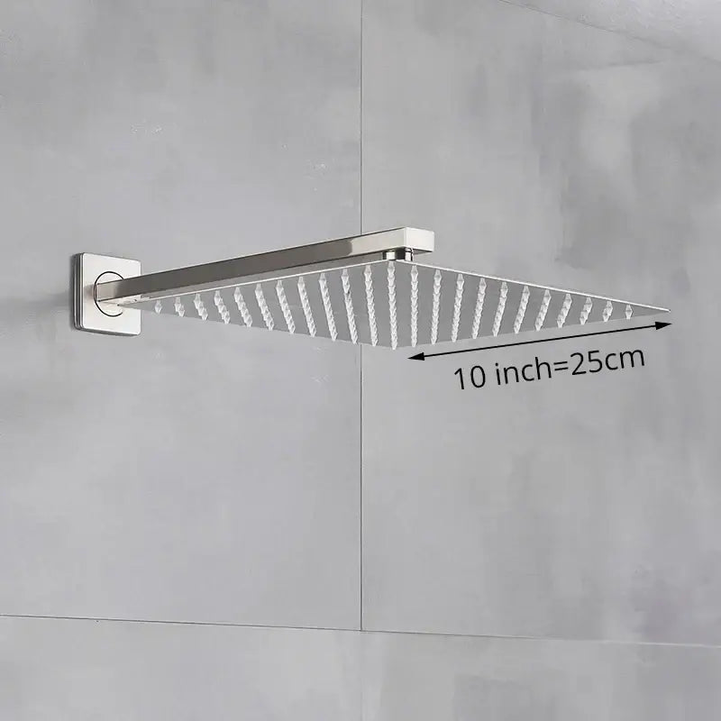Modern brushed nickel square rainfall shower head with sleek 10-inch chrome finish and diagonal water jets for rainfall shower