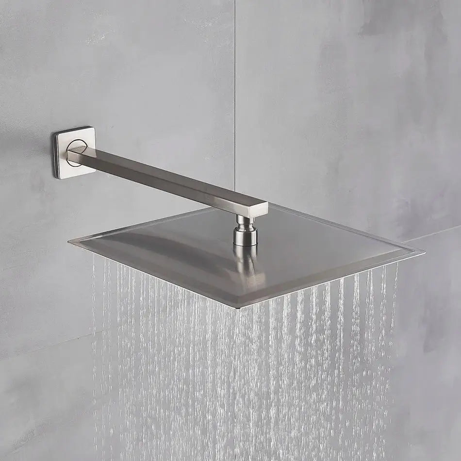 Modern brushed nickel square rainfall shower head in stainless steel with a sleek polished finish for bathroom use