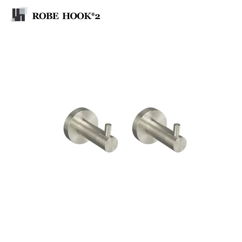 Stainless steel robe hooks with a sleek modern design in brushed nickel hardware set for bathroom towel bar use