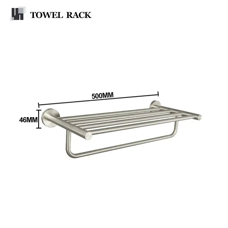 Modern brushed nickel stainless steel towel rack with sleek parallel bars and rounded ends from hardware set