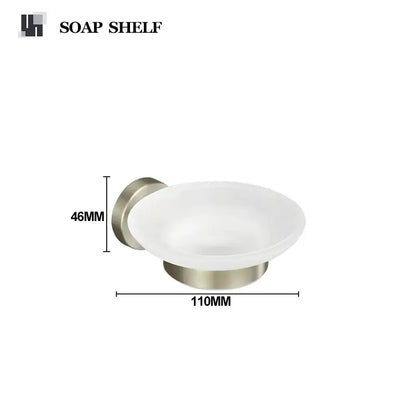 Modern brushed nickel stainless steel hardware set featuring a soap dish with frosted white glass bowl for bathroom use
