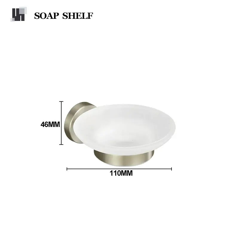 Modern brushed nickel stainless steel hardware set featuring a soap dish with frosted white glass bowl for bathroom use