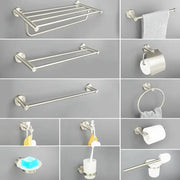 Modern brushed nickel stainless steel bathroom towel rack with sleek design in hardware set finish