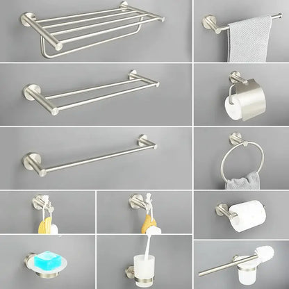 Modern brushed nickel stainless steel bathroom towel rack with sleek design in hardware set finish