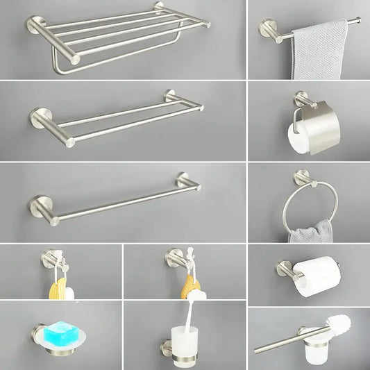 Modern brushed nickel stainless steel bathroom towel rack with sleek design in hardware set finish