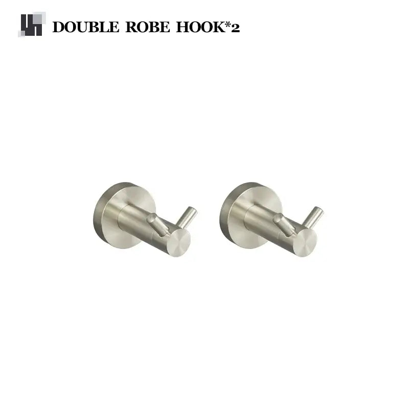 Pair of sleek brushed nickel stainless steel double robe hooks from modern hardware set for bathroom use