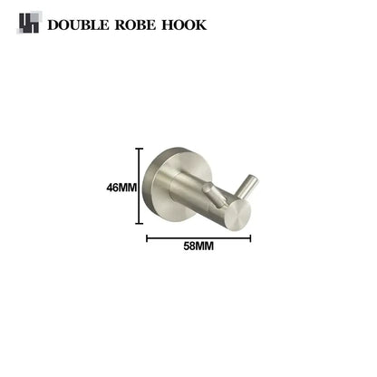 Stainless steel double robe hook with brushed nickel finish in a modern hardware set for bathroom towel organization