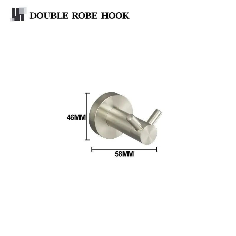 Stainless steel double robe hook with brushed nickel finish in a modern hardware set for bathroom towel organization