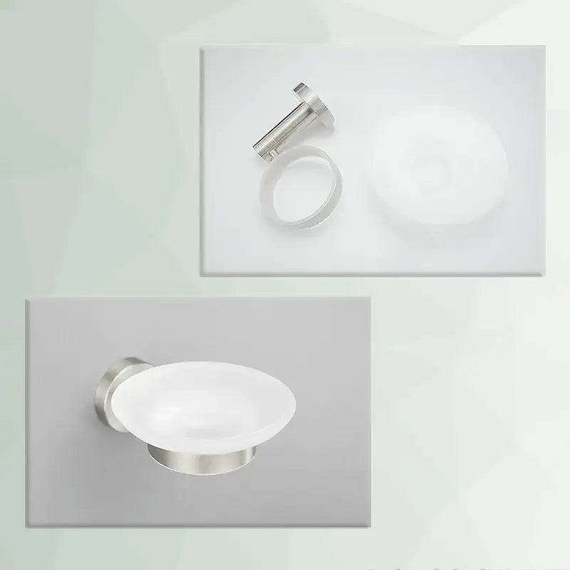 Silver-finished stainless steel wall-mounted soap dish with frosted glass bowl from brushed nickel hardware set