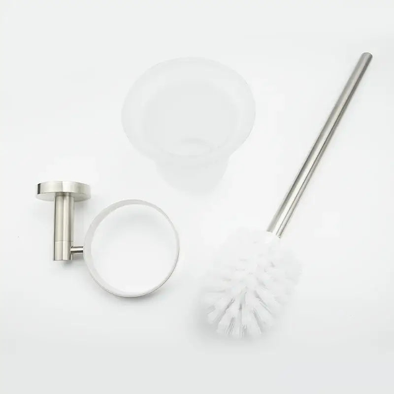 Stainless steel toilet brush with white bristles and matching wall-mounted holder in brushed nickel hardware set