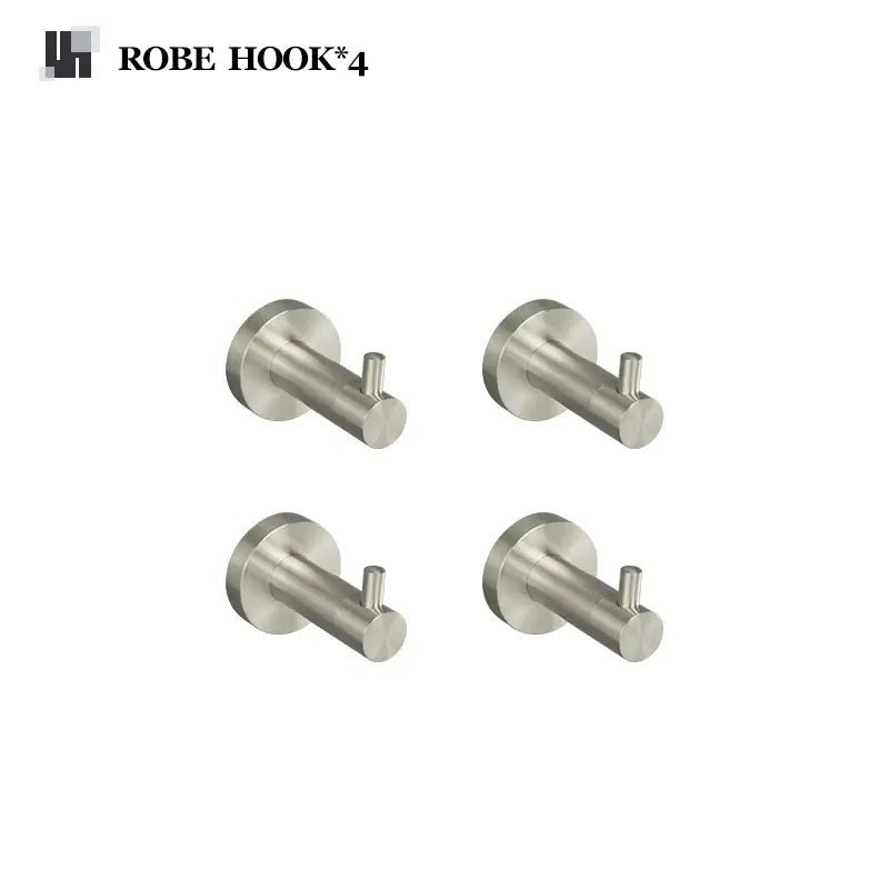 Set of four sleek brushed nickel stainless steel robe hooks with modern minimalist design for hardware set bathroom use