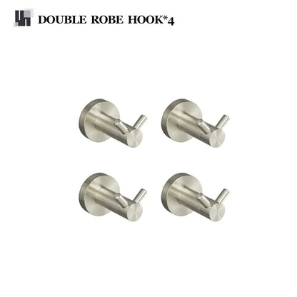 Set of four sleek brushed nickel stainless steel double robe hooks in a modern hardware set for bathroom use
