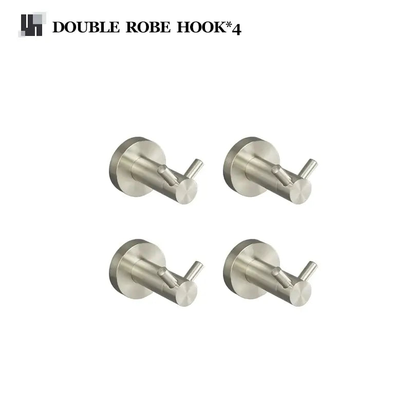 Set of four sleek brushed nickel stainless steel double robe hooks in a modern hardware set for bathroom use