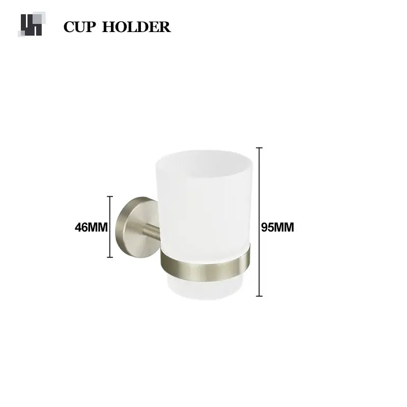 White frosted glass cup holder with brushed nickel stainless steel base in modern hardware set for bathroom use