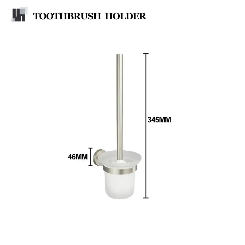Silver-toned toothbrush holder with frosted glass base and brushed nickel stainless steel hardware set finish