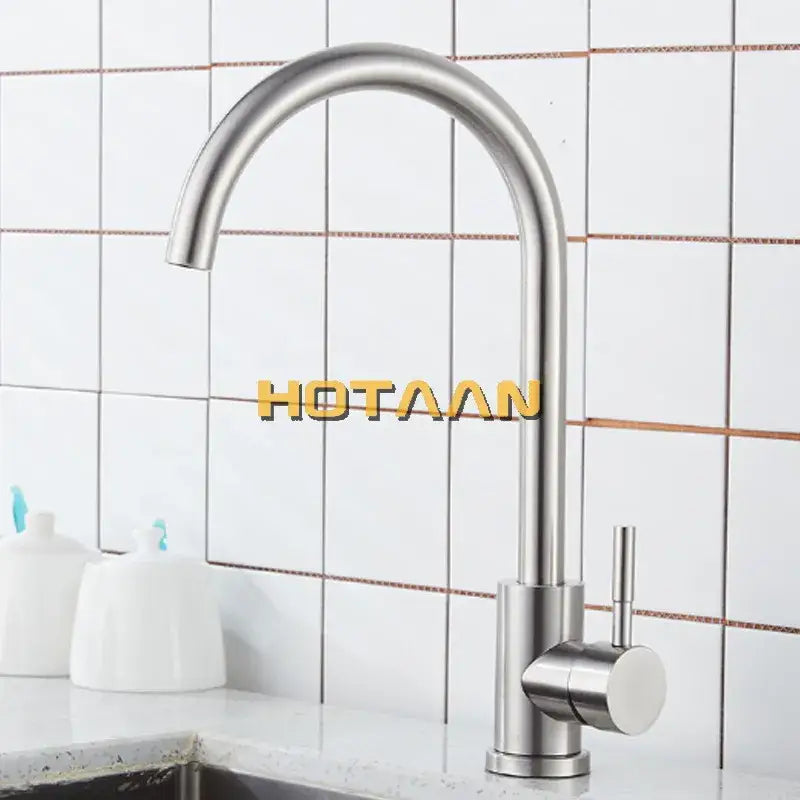 Modern brushed nickel stainless steel kitchen faucet with a sleek curved spout and minimalist design for kitchens