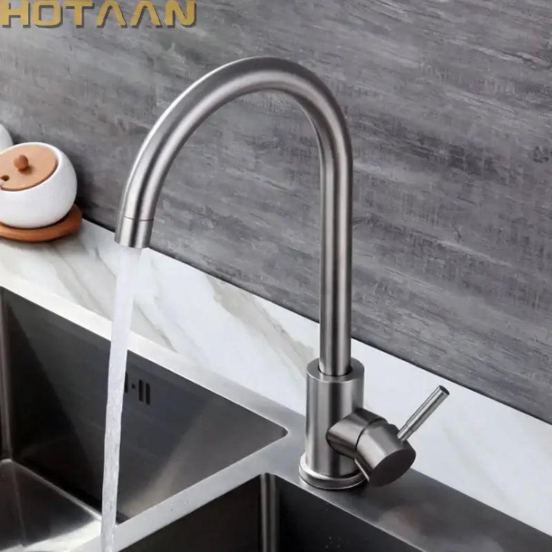 Modern brushed nickel kitchen faucet with curved spout and single lever handle made of stainless steel
