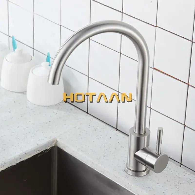 Modern brushed nickel stainless steel kitchen faucet with curved spout and sleek minimalist design for kitchen use