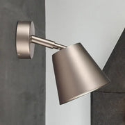 Modern brushed nickel tapered wall sconce with adjustable arm and conical shade for bathroom wall light sconce use