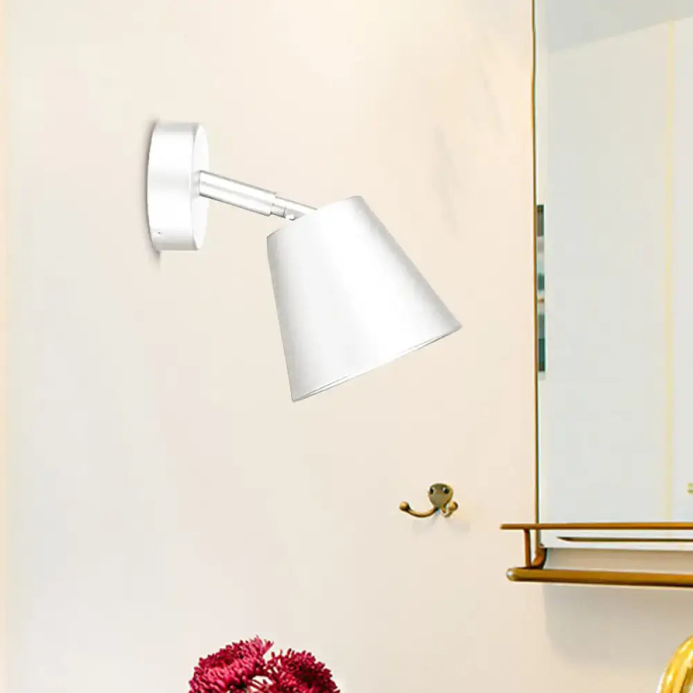 Modern brushed nickel white conical tapered wall sconce with a sleek adjustable arm for bathroom wall lighting