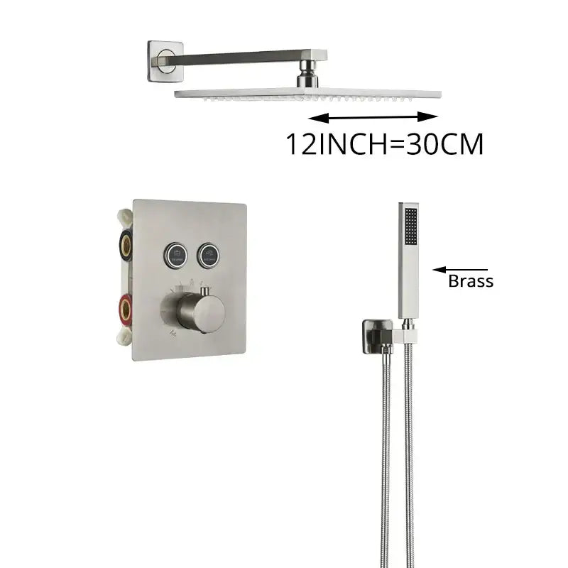 Modern brushed nickel thermostatic shower faucet set with square panel dual dials and central knob for bathroom rainfall