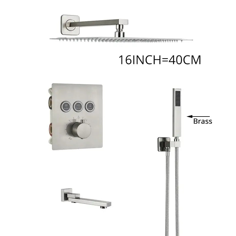 Modern brushed nickel shower faucet set with 16-inch rainhead, wall-mounted controls, and handheld brass shower faucet