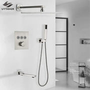 Modern brushed nickel thermostatic shower faucet set with rainfall shower head handheld sprayer and wall control panel