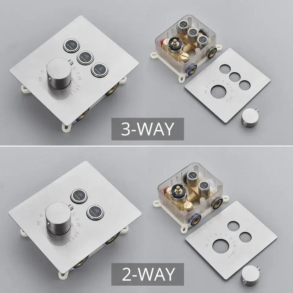 Modern brushed nickel thermostatic shower faucet set with stainless steel control panel and rotary knob for temperature control