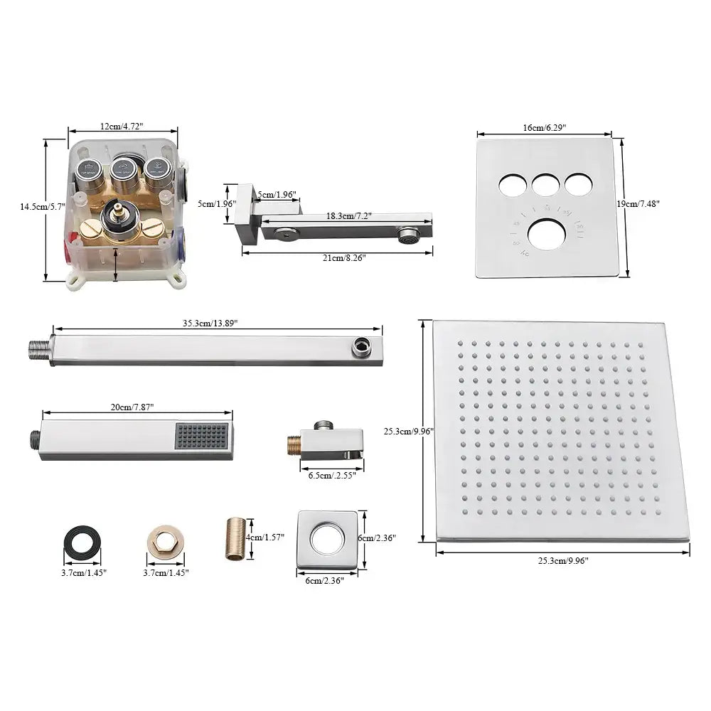 Modern brushed nickel thermostatic shower faucet set with chrome finish, square rainhead, handheld sprayer, and control unit