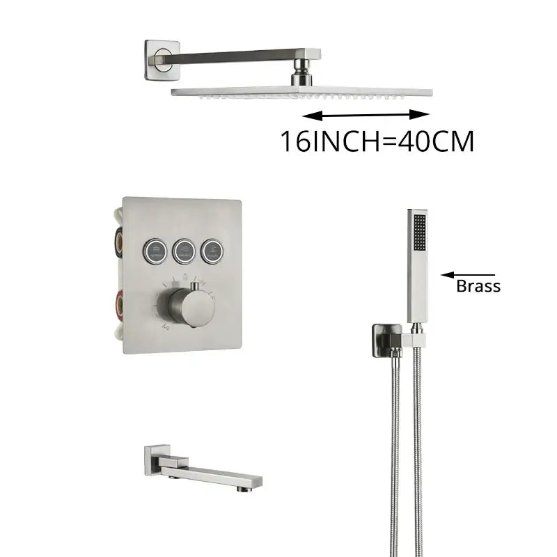 Modern brushed nickel shower faucet set with 16-inch rainhead wall-mounted controls and handheld brass shower head