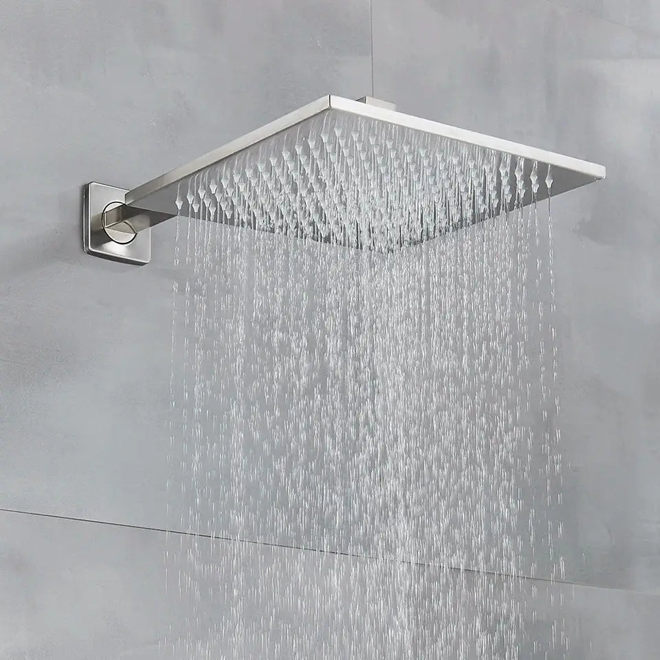 Modern brushed nickel shower faucet set with square brushed stainless steel showerhead and multiple water jets for rainfall