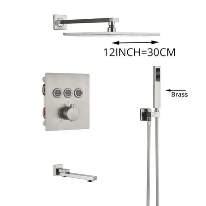 Modern brushed nickel shower faucet set with 12-inch square rainhead and brass handheld spray nozzle for bathroom rainfall