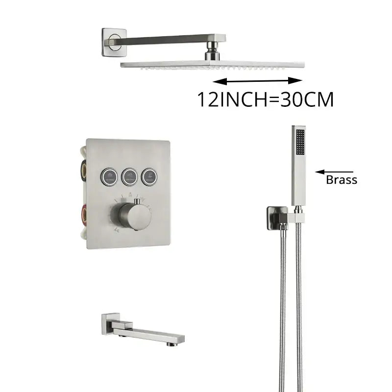 Modern brushed nickel shower faucet set with 12-inch square rainhead and brass handheld spray nozzle for bathroom rainfall