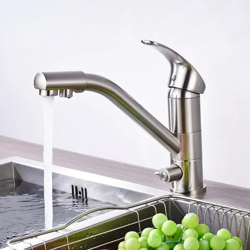 Modern brushed nickel water purification kitchen faucet with a sleek curved spout in decorbites brushed nickel finish