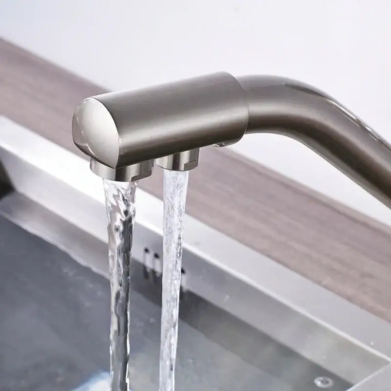 Modern brushed nickel water purification kitchen faucet with dual spray nozzles in decorbites brushed nickel finish