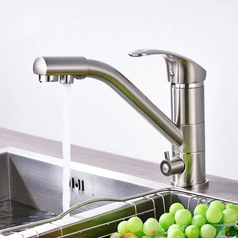 Modern brushed nickel water purification kitchen faucet with sleek curved spout and pull-down spray head by decorbites brushed nickel