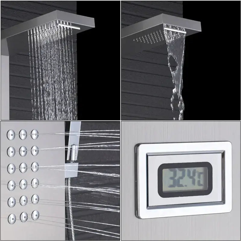 Modern brushed nickel shower panel with chrome-finished waterfall rain showerhead and integrated digital temperature display