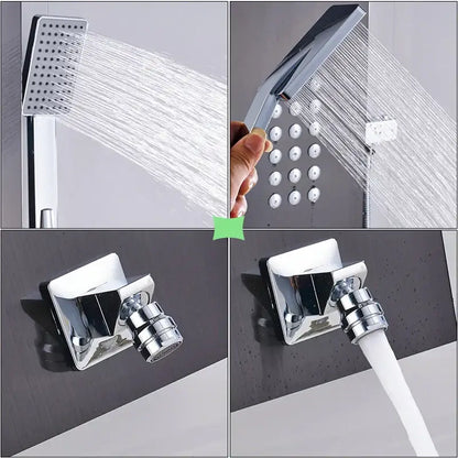 Modern brushed nickel waterfall rain shower panel with chrome-finished rectangular showerhead and multiple spray settings